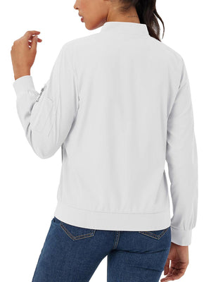 TACVASEN White Women's 4-Pocket Lightweight Casual Windproof Full-Zip Bomber Jacket