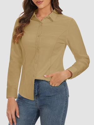 TACVASEN Khaki Women's Collared Dress Shirt Casual Office Wear Blouse