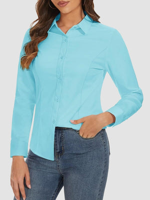 TACVASEN Sky Blue Women's Collared Dress Shirt Casual Office Wear Blouse