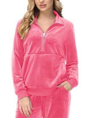 TACVASEN Fluorescent Pink Women's Half Zip Pullover Sweatshirts Velvet Fleece Jacket