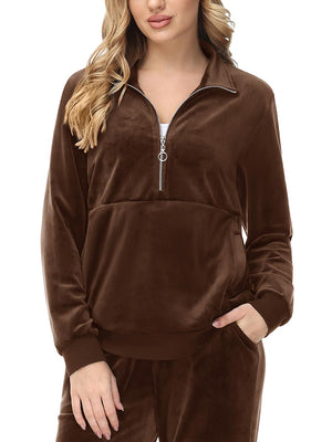 TACVASEN Coffee Women's Half Zip Pullover Sweatshirts Velvet Fleece Jacket
