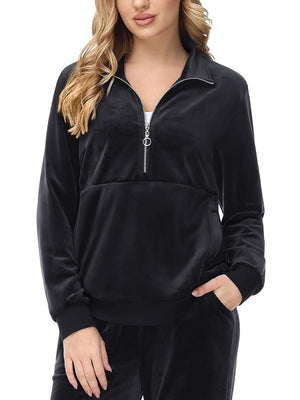 TACVASEN Black Women's Half Zip Pullover Sweatshirts Velvet Fleece Jacket