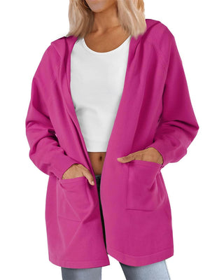 TACVASEN Deep Rose Red Women's Lightweight Knit Open Front Hooded Cardigan with 2 Pockets
