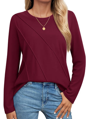 TACVASEN Wine Red Women's Long Sleeve Shirts Pleated Crew Neck Cotton T-Shirts