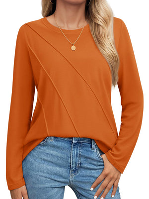 TACVASEN Dark Orange Women's Long Sleeve Shirts Pleated Crew Neck Cotton T-Shirts
