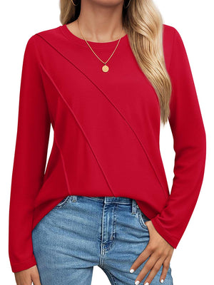 TACVASEN Red Women's Long Sleeve Shirts Pleated Crew Neck Cotton T-Shirts