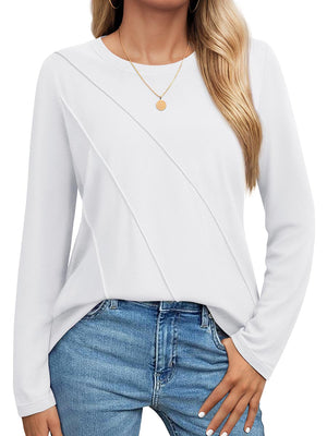 TACVASEN White Women's Long Sleeve Shirts Pleated Crew Neck Cotton T-Shirts