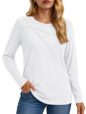TACVASEN White Women's Long Sleeve Shirts Pleated Crew Neck Fall Trendy Tops