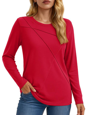 TACVASEN Red Women's Long Sleeve Shirts Pleated Crew Neck Fall Trendy Tops