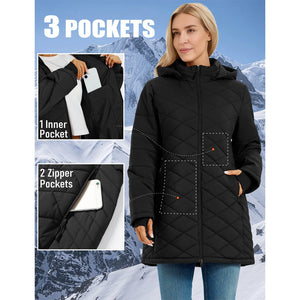 TACVASEN Black Women's Long Waterproof Puffer Jacket with Hood