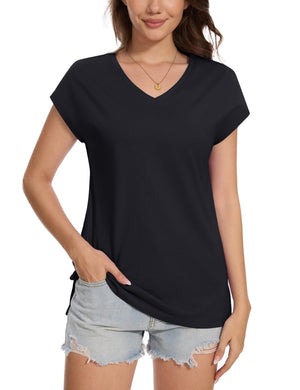 TACVASEN Black Women's V Neck Cap Sleeve Cotton T-Shirt