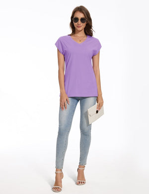 TACVASEN Light Purple Women's V Neck Cap Sleeve Cotton T-Shirt