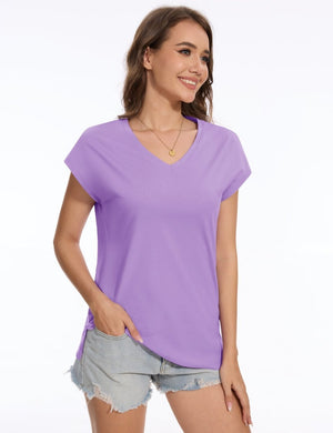 TACVASEN Light Purple Women's V Neck Cap Sleeve Cotton T-Shirt