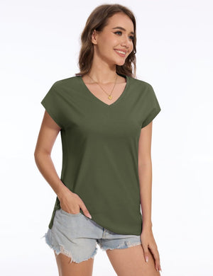 TACVASEN Army Green Women's V Neck Cap Sleeve Cotton T-Shirt