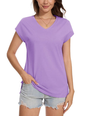 TACVASEN Light Purple Women's V Neck Cap Sleeve Cotton T-Shirt
