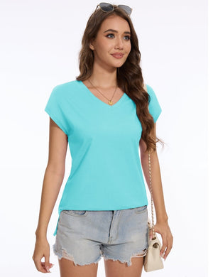 TACVASEN Light Lake Blue Women's V Neck Cap Sleeve Cotton T-Shirt