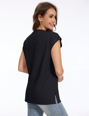 TACVASEN Black Women's V Neck Cap Sleeve Cotton T-Shirt