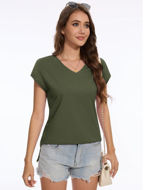 TACVASEN Army Green Women's V Neck Cap Sleeve Cotton T-Shirt
