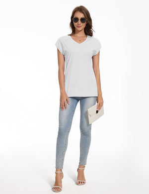 TACVASEN White Women's V Neck Cap Sleeve Cotton T-Shirt