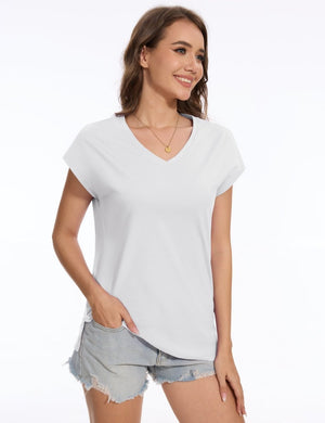 TACVASEN White Women's V Neck Cap Sleeve Cotton T-Shirt