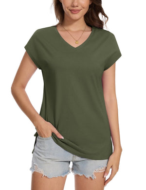 TACVASEN Army Green Women's V Neck Cap Sleeve Cotton T-Shirt