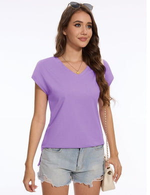 TACVASEN Light Purple Women's V Neck Cap Sleeve Cotton T-Shirt