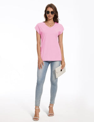 TACVASEN Light Pink Women's V Neck Cap Sleeve Cotton T-Shirt