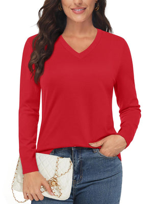 TACVASEN Tomato Women's V Neck Sweater Spring Casual Long Sleeve