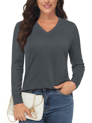 TACVASEN Dark Grey Women's V Neck Sweater Spring Casual Long Sleeve