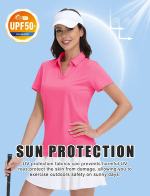 TACVASEN Rose Red Women's V-Neck UPF 50+ Quick Dry Golf Polos