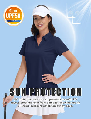 TACVASEN Navy Women's V-Neck UPF 50+ Quick Dry Golf Polos