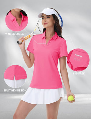 TACVASEN Rose Red Women's V-Neck UPF 50+ Quick Dry Golf Polos