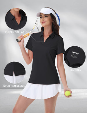 TACVASEN Black Women's V-Neck UPF 50+ Quick Dry Golf Polos