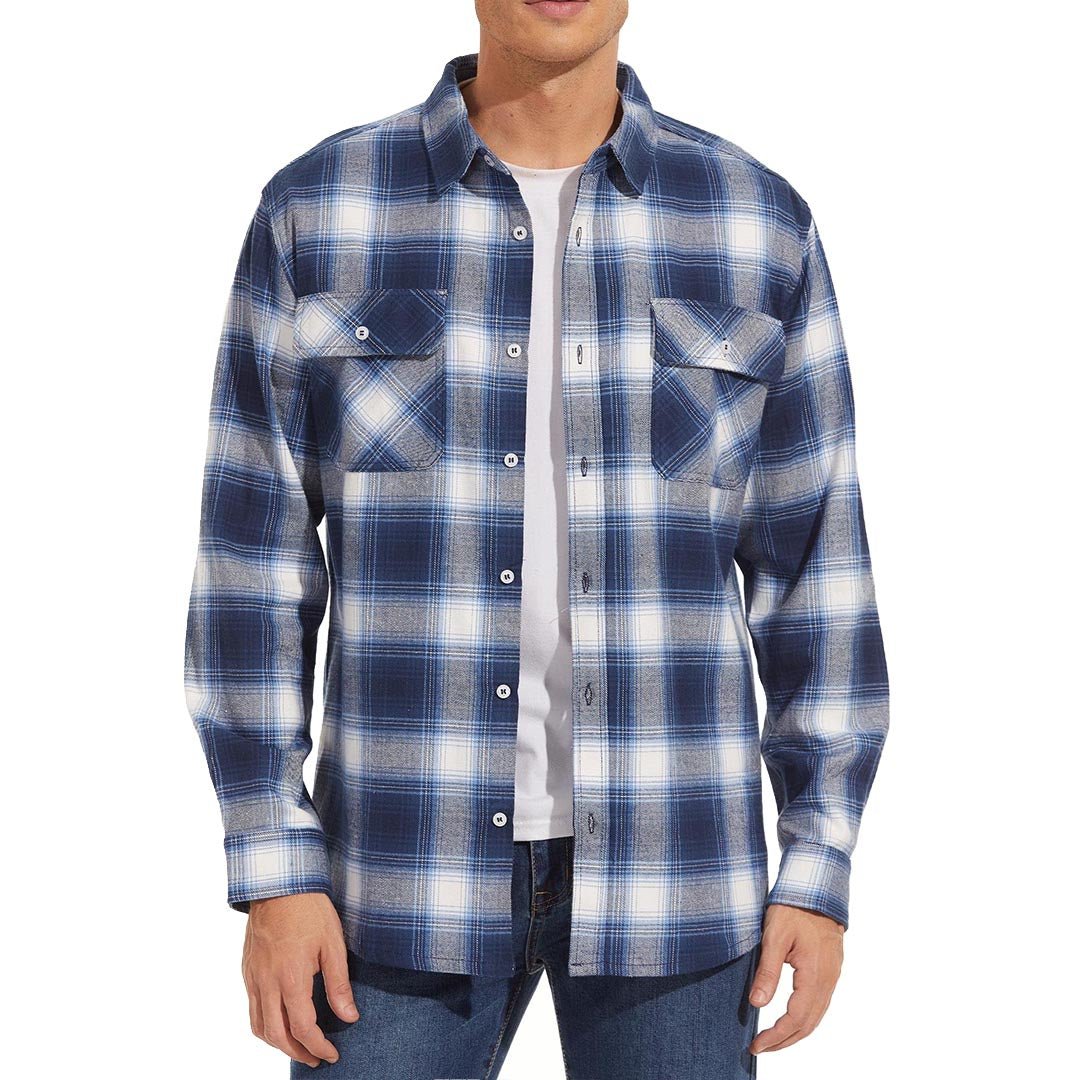 TACVASEN Blue White Men's Cotton Flannel Shirt Plaid Lightweight Jacket