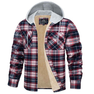 TACVASEN Red White Men's Multiple Pockets Flannel Plaid Shirts Fleece Lining Jacket with Hood