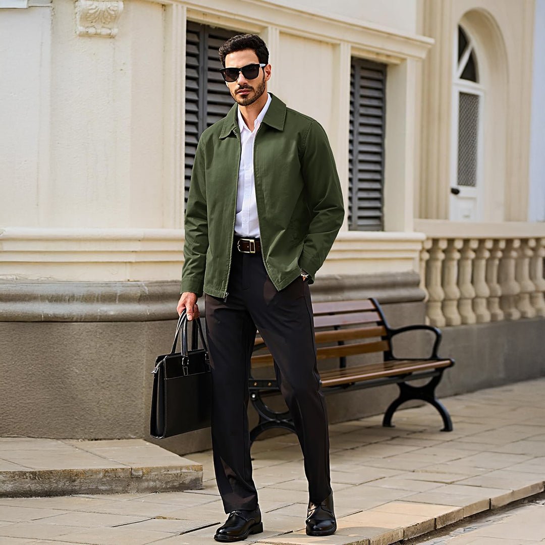 TACVASEN army green cotton windbreaker travel jacket with full zip and lapel collar
