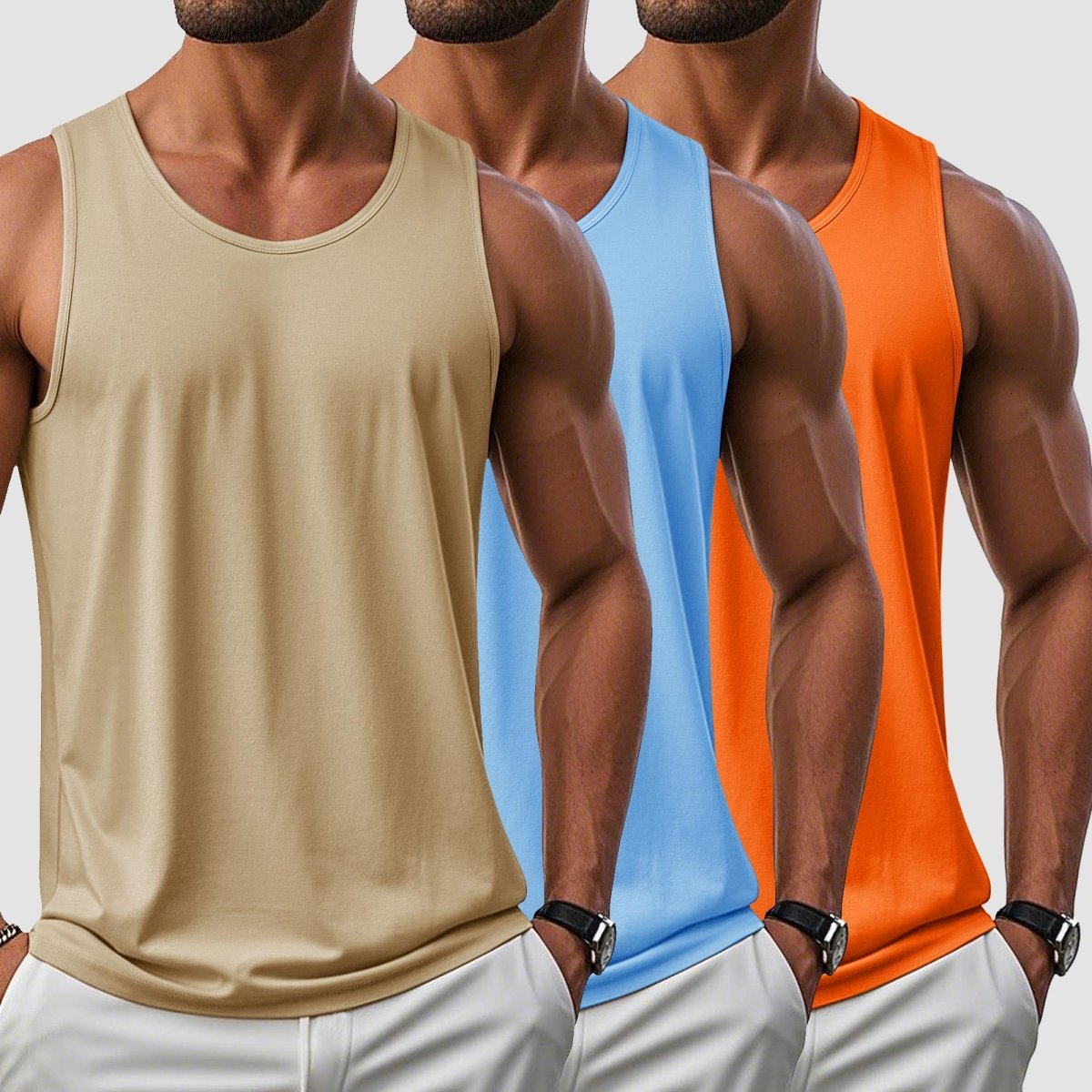 TACVASEN Orange+Sky Blue+Light khaki [3 Pcs set] UPF 50+ Tank Top Gym Workout Sleeveless Muscle Shirts
