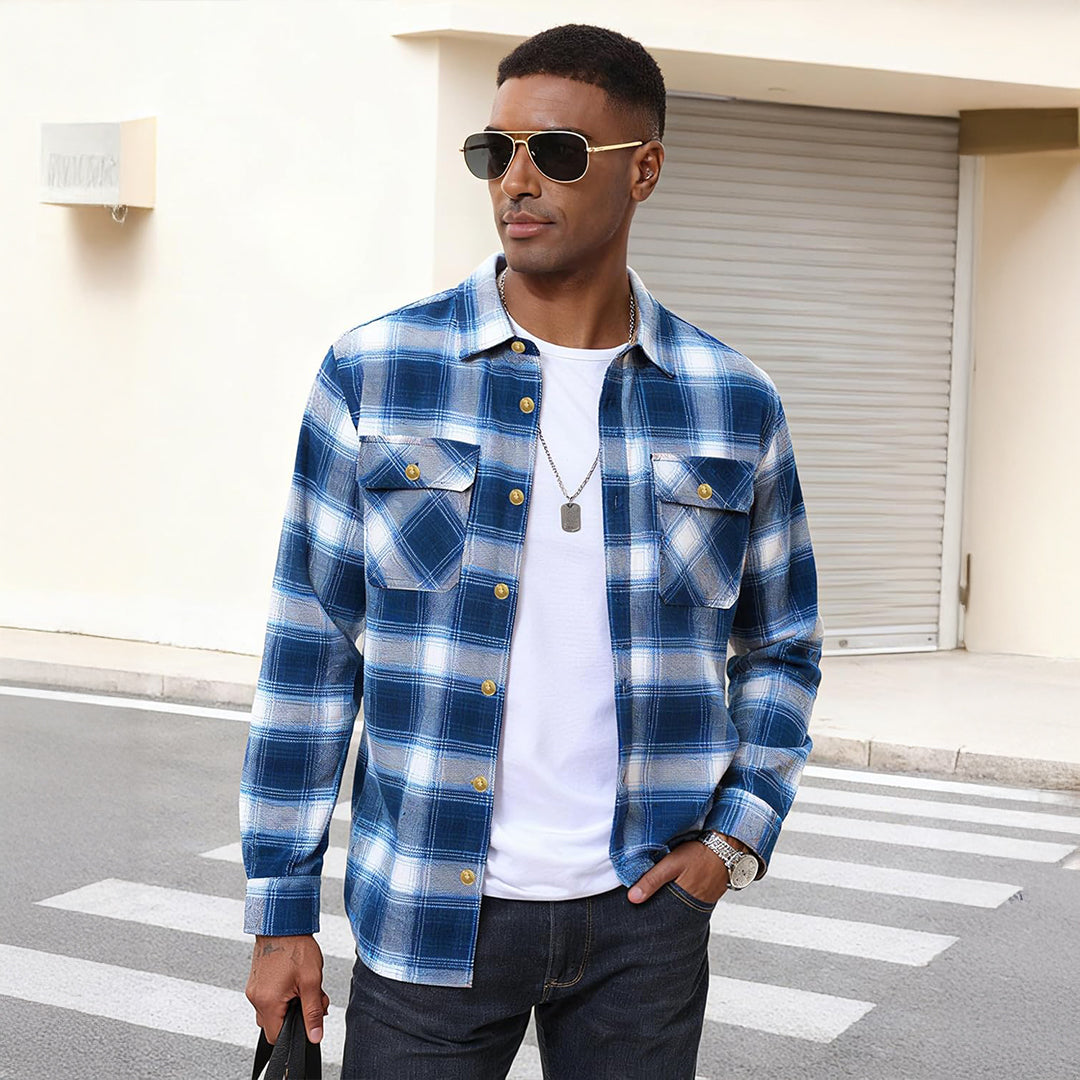 Men's Cotton Flannel Shirt Long Sleeve Casual Plaid - google_men_lightweight_jacket