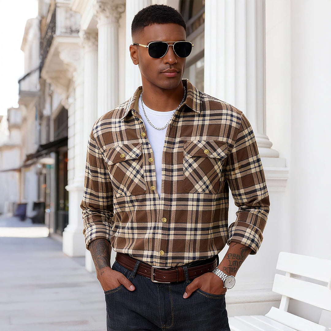 Men's Cotton Flannel Shirt Long Sleeve Casual Plaid - google_men_lightweight_jacket