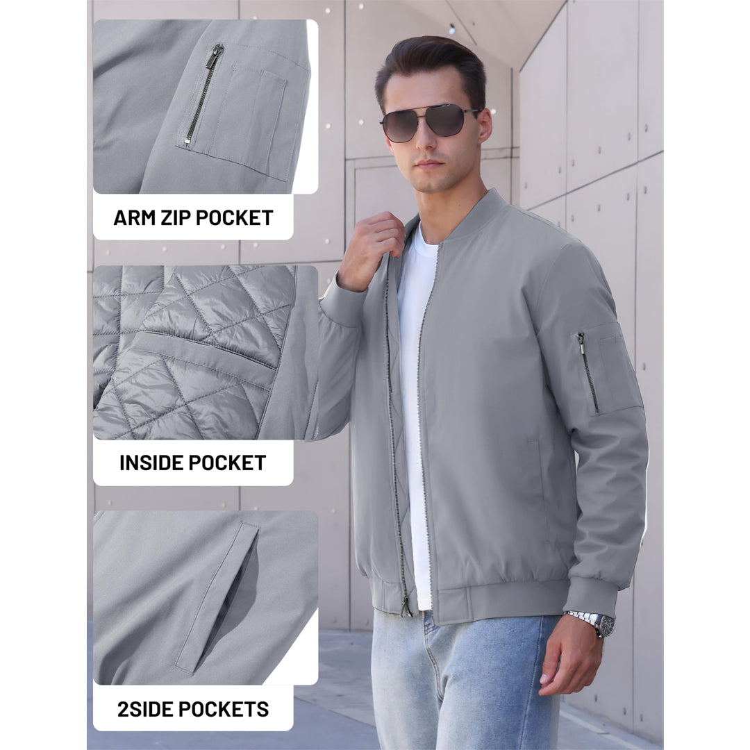 TACVASEN Light Grey Thermal Quilted Waterproof Bomber Jacket