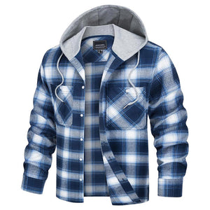 TACVASEN Blue White Men's Buffalo Plaid Hooded Casual Shirt Jacket