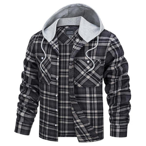 TACVASEN Black Grey Men's Buffalo Plaid Hooded Casual Shirt Jacket