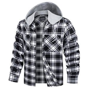 TACVASEN Black White Men's Buffalo Plaid Hooded Casual Shirt Jacket
