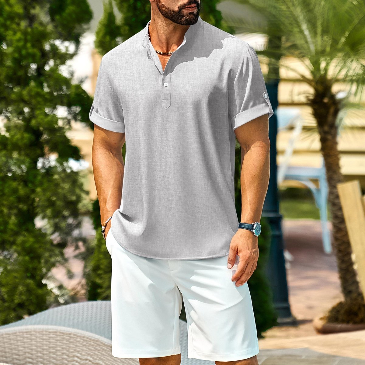TACVASEN Light gray Henley Casual Lightweight Beach Shirts