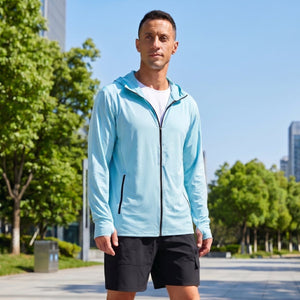 TACVASEN Light Blue Hoodie Lightweight Breathable Quick Dry UV Protection Outdoor Coat