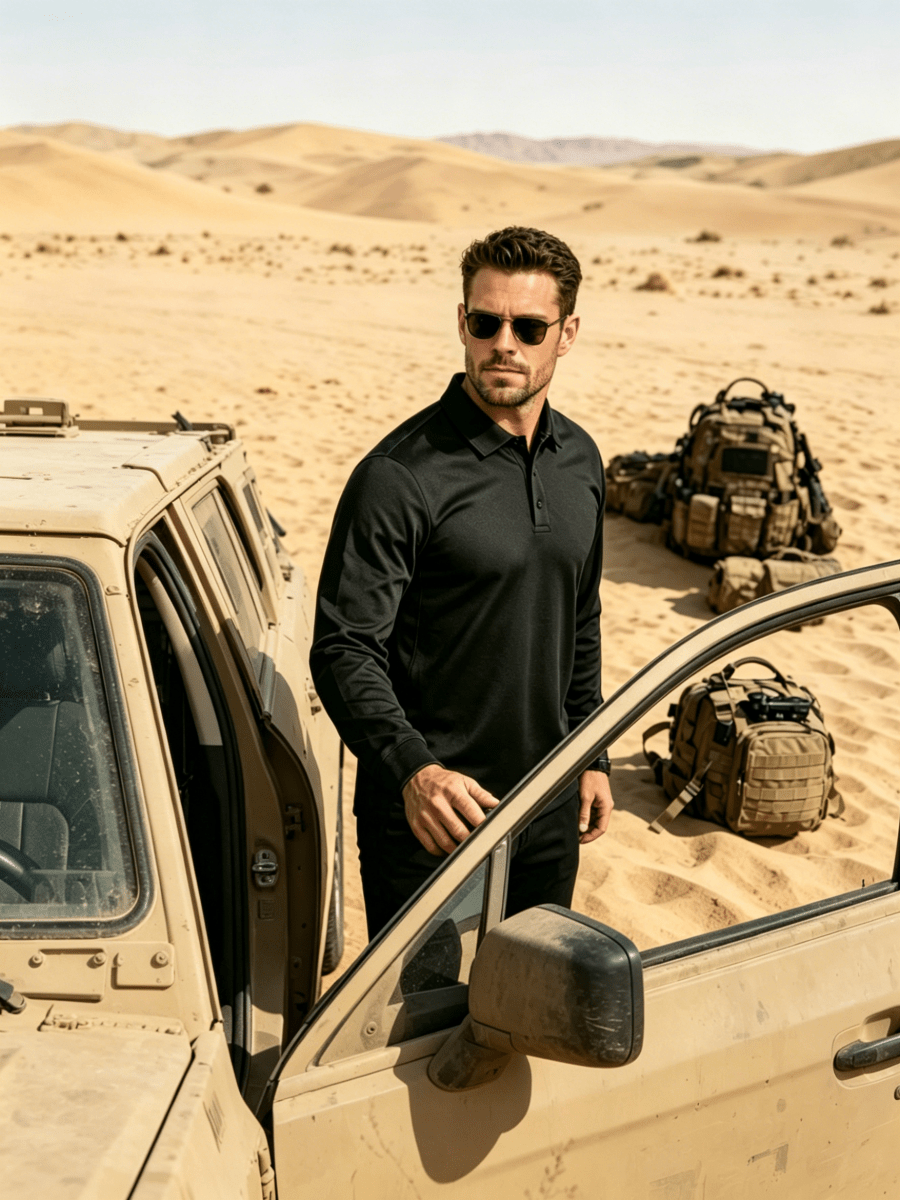 TACVASEN Black Long Sleeve Quick Dry Tactical Performance Polo Shirt