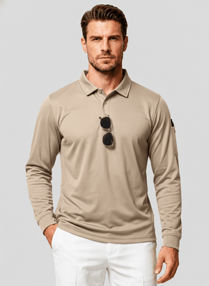 TACVASEN Khaki Long Sleeve Quick Dry Tactical Performance Polo Shirt
