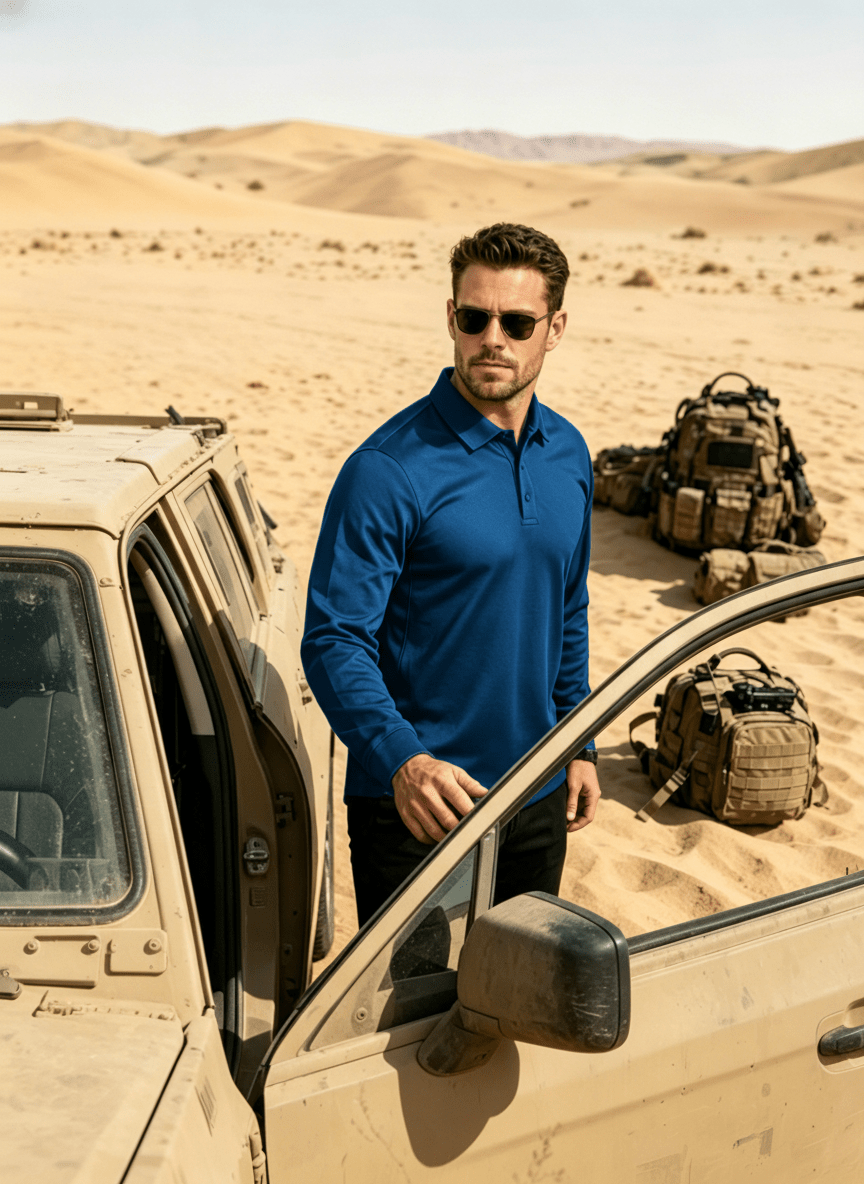 TACVASEN Blue Green Long Sleeve Quick Dry Tactical Performance Polo Shirt