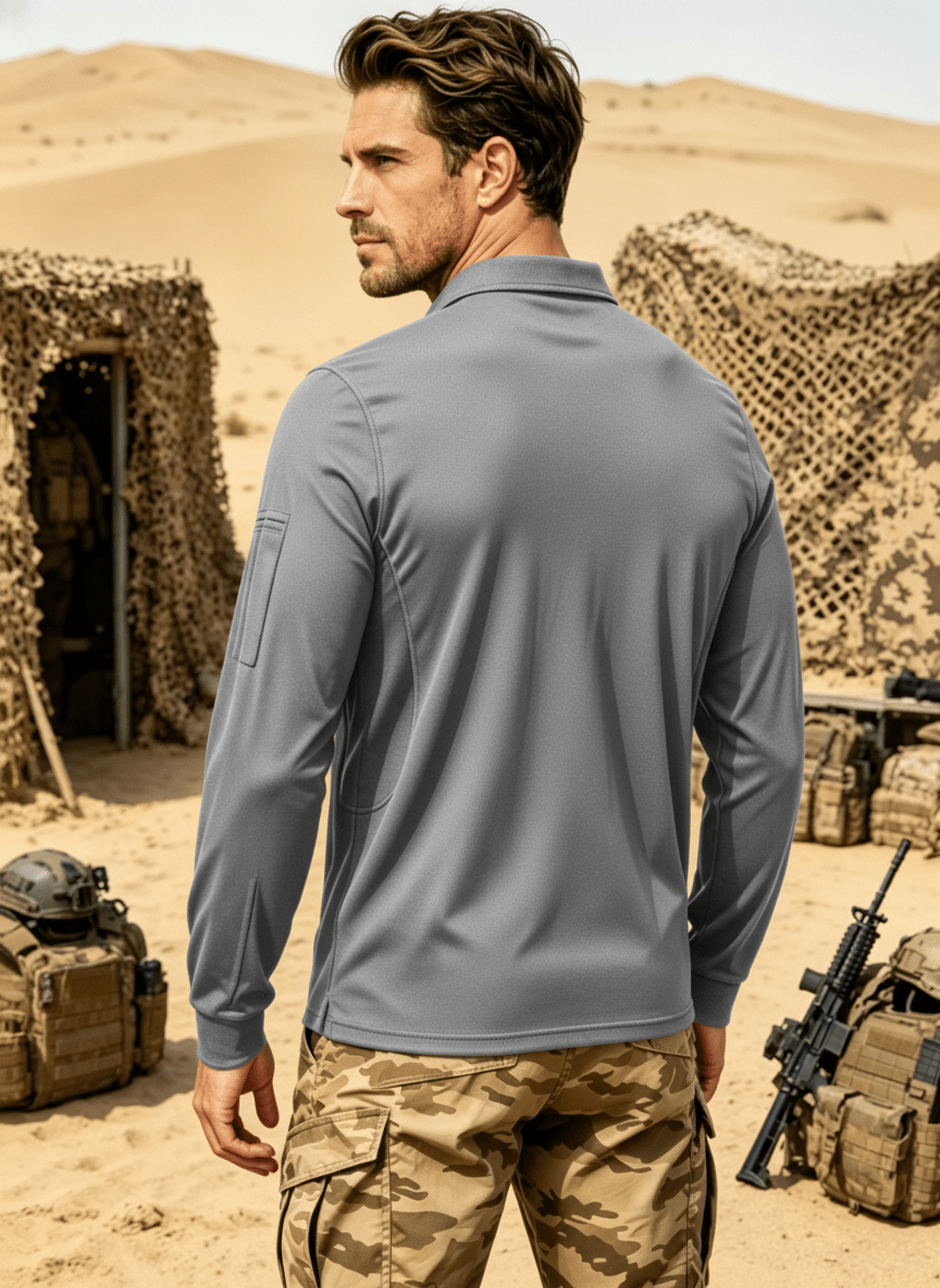 TACVASEN Light Grey Long Sleeve Quick Dry Tactical Performance Polo Shirt