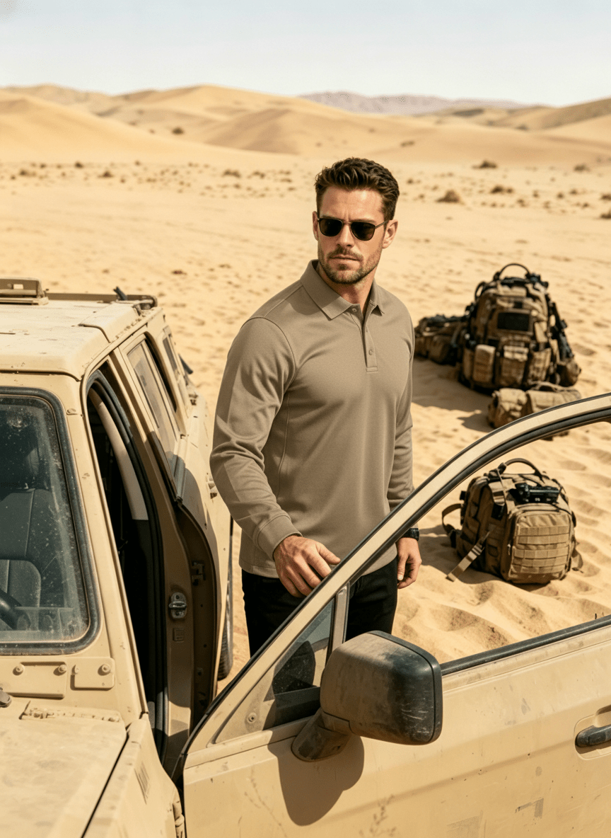 TACVASEN Coyote Brown Long Sleeve Quick Dry Tactical Performance Polo Shirt